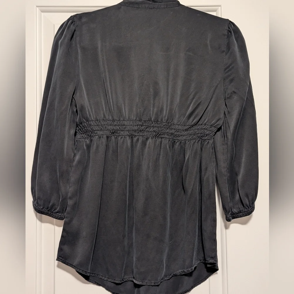 2/$50 Guess Jeans Silk Blouse Black Pintuck Lace Trim Puff Sleeve Top Size S - Picture 3 of 5